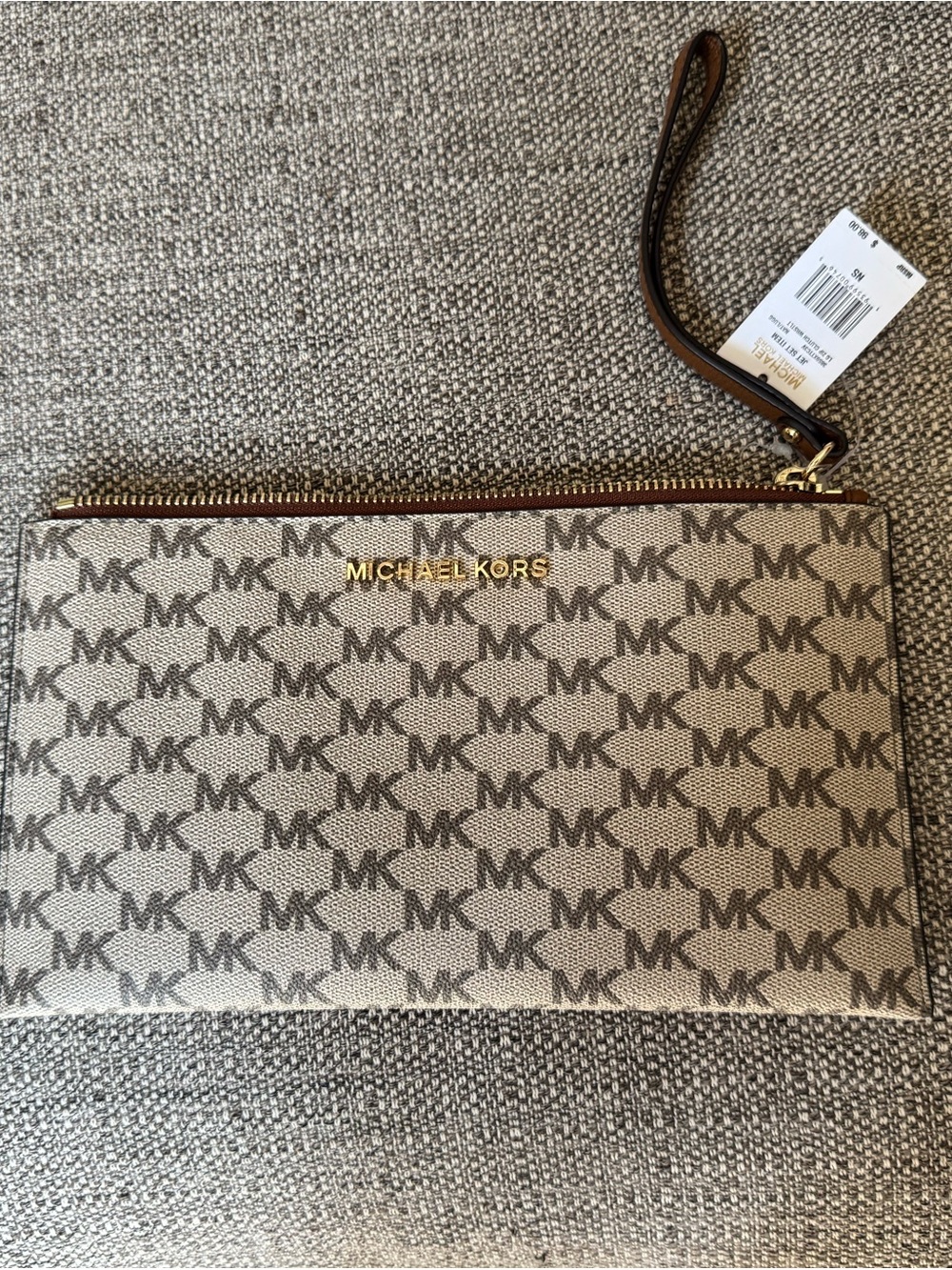 Michael Kors Beige/Brown MK Logo Wristlet Pouch with Gold Hardware NWT